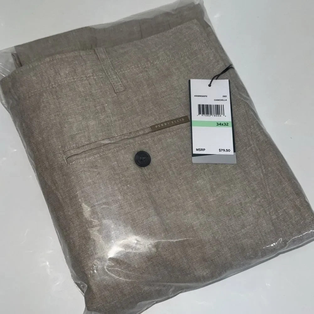 🔥Perry Ellis Light Tan Chinos Sz 38 X 30 New LINEN BLEND DRAWSTRING PANT